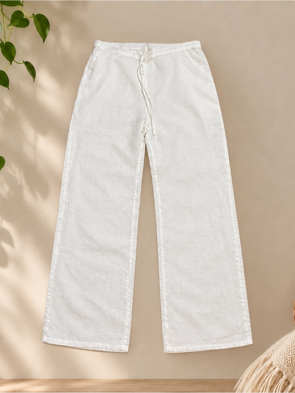 Flax 100% Linen White Wide-Leg Drawstring Pants